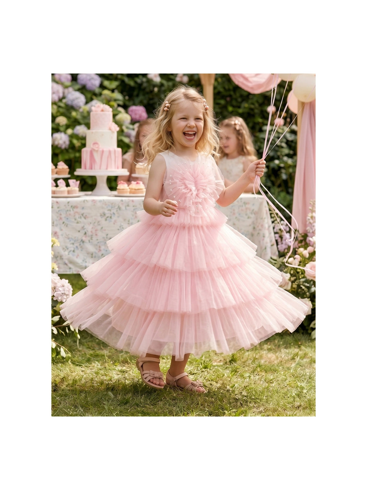 Girls Dress Light Pink Tulle Heart Sleeveless Party Layer Tiered Wedding Formal Dresses Ankle Light Pink Tulle