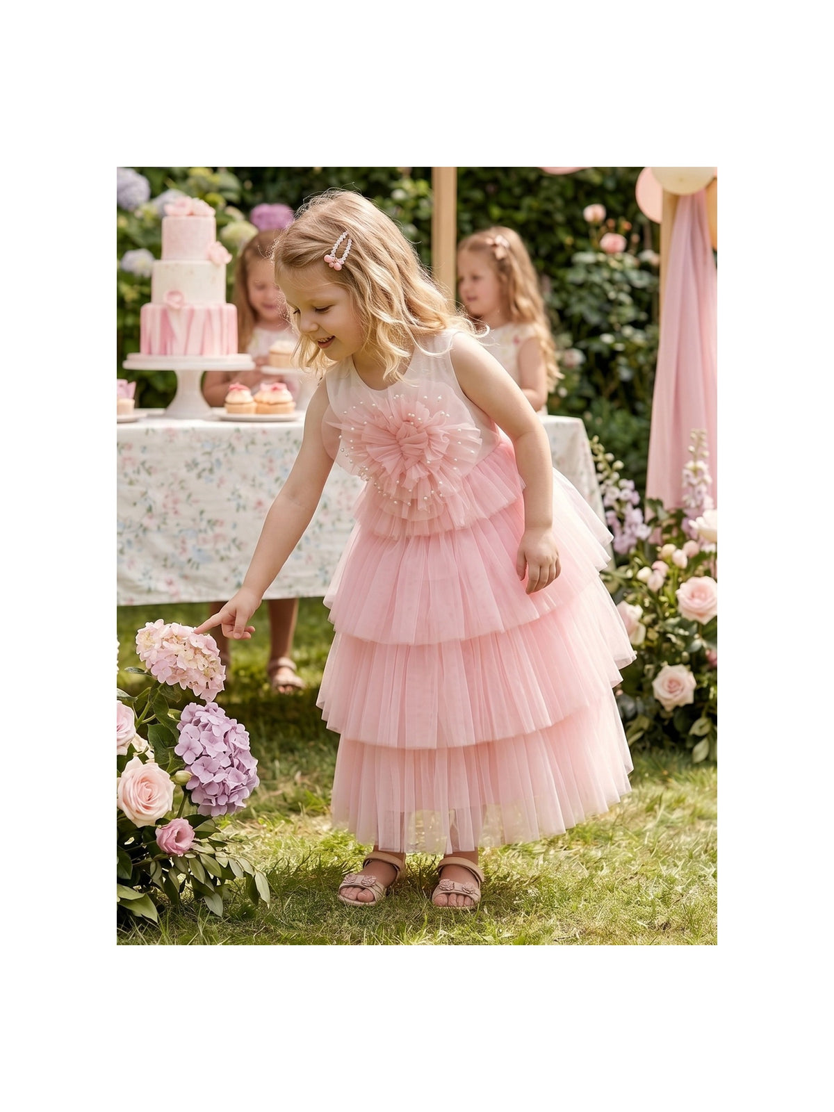 Girls Dress Light Pink Tulle Heart Sleeveless Party Layer Tiered Wedding Formal Dresses Ankle Light Pink Tulle