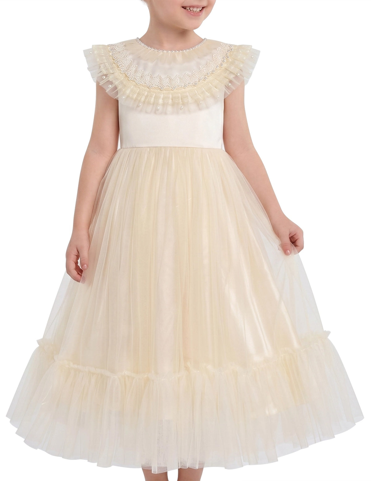 Girls Flower Applique Dress White and Blue Sleeveless Tea Length with Tulle Skirt Party Wedding Flower Girl Dress Beige Tulle