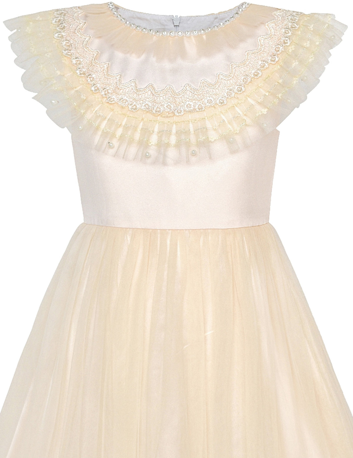 Girls Flower Applique Dress White and Blue Sleeveless Tea Length with Tulle Skirt Party Wedding Flower Girl Dress Beige Tulle