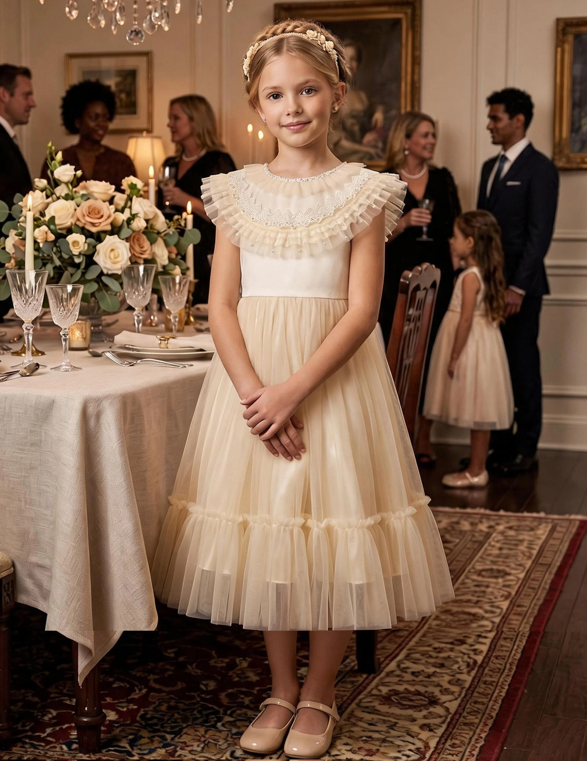 Girls Flower Applique Dress White and Blue Sleeveless Tea Length with Tulle Skirt Party Wedding Flower Girl Dress Beige Tulle
