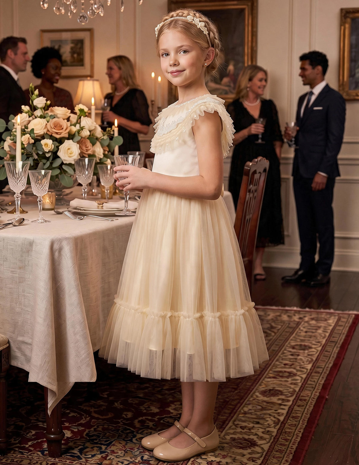 Girls Flower Applique Dress White and Blue Sleeveless Tea Length with Tulle Skirt Party Wedding Flower Girl Dress Beige Tulle