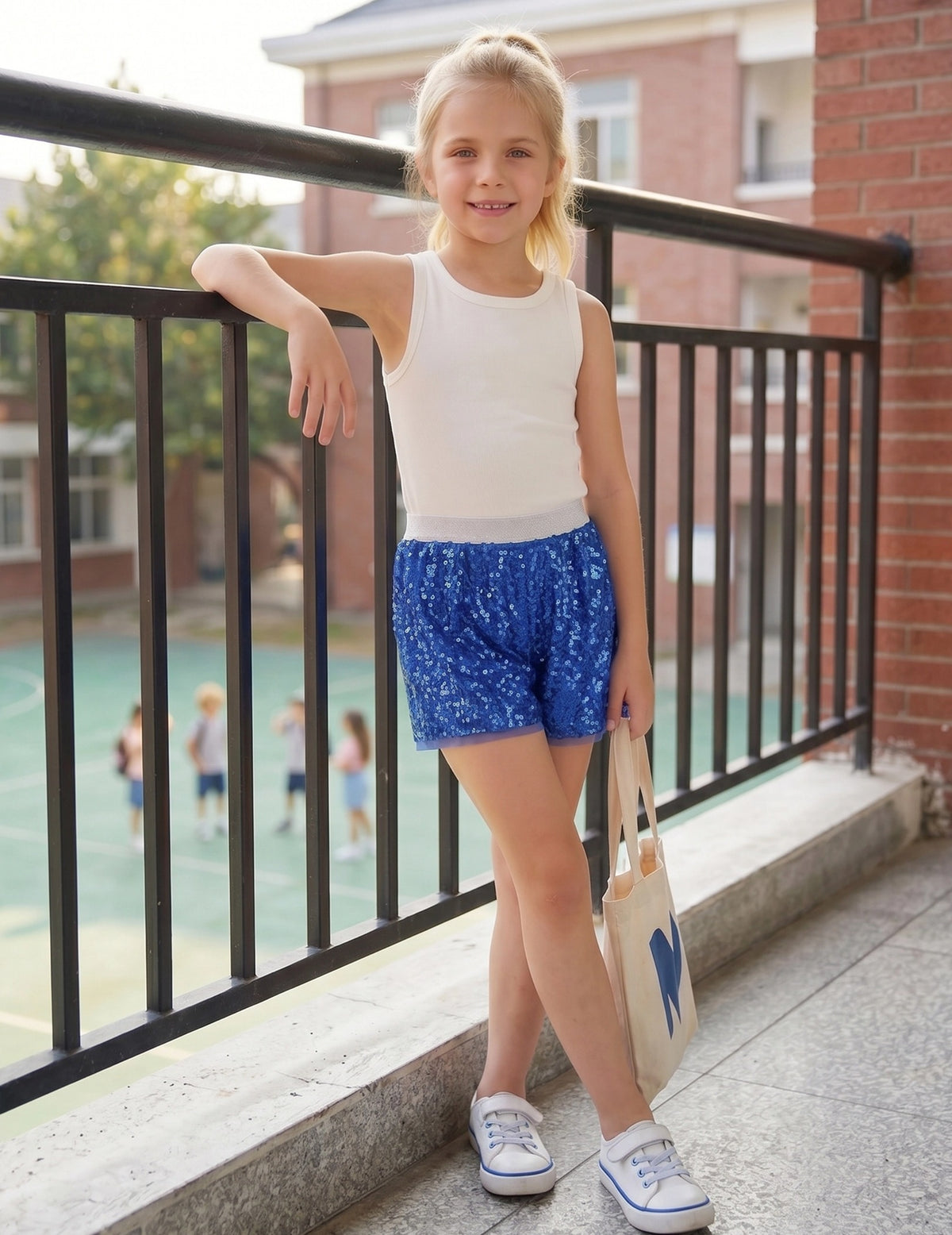 Girl Shorts Silver Sparkle Sequin Mid Waist Elastic Show Dance Party Blue Sequin