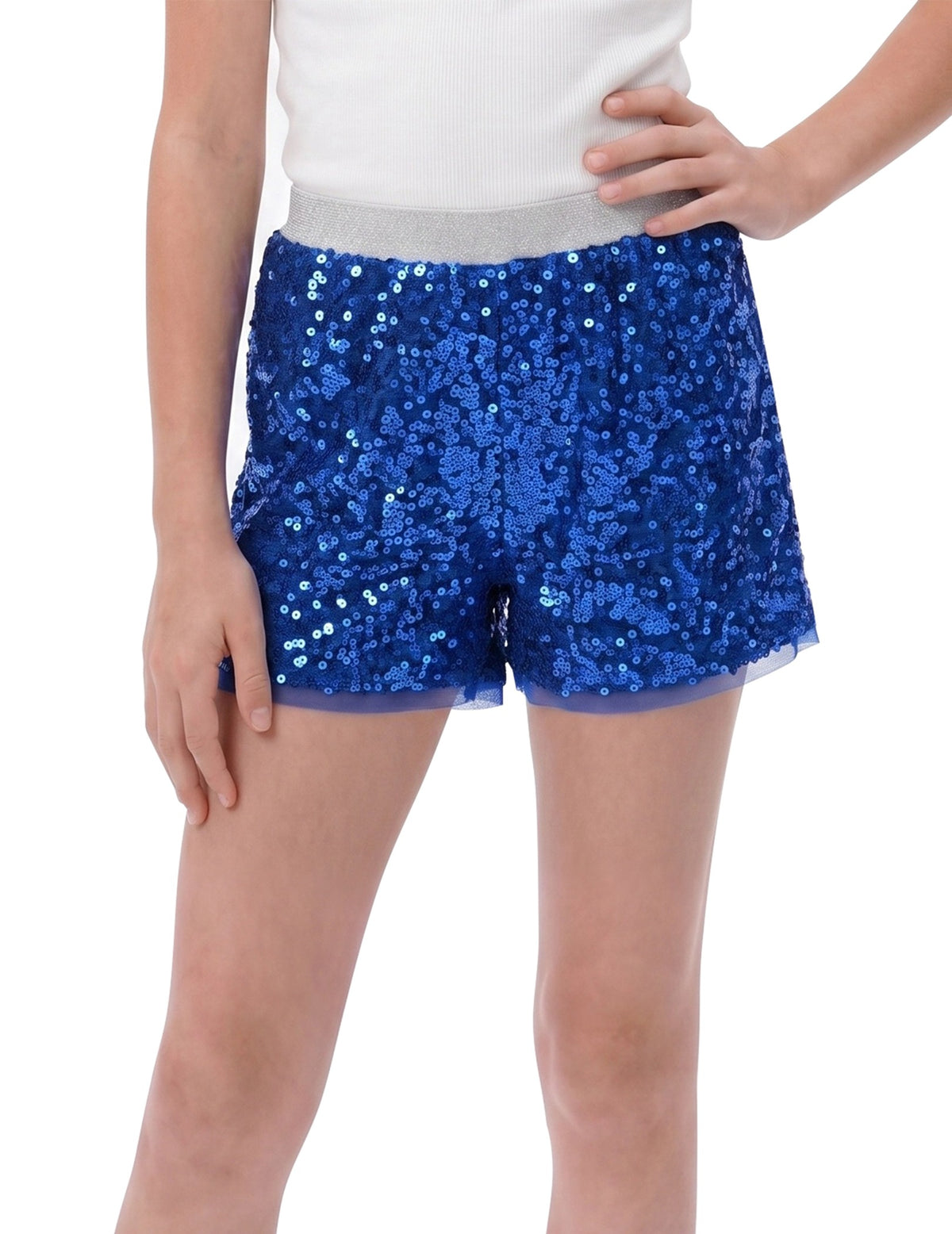 Girl Shorts Silver Sparkle Sequin Mid Waist Elastic Show Dance Party Blue Sequin