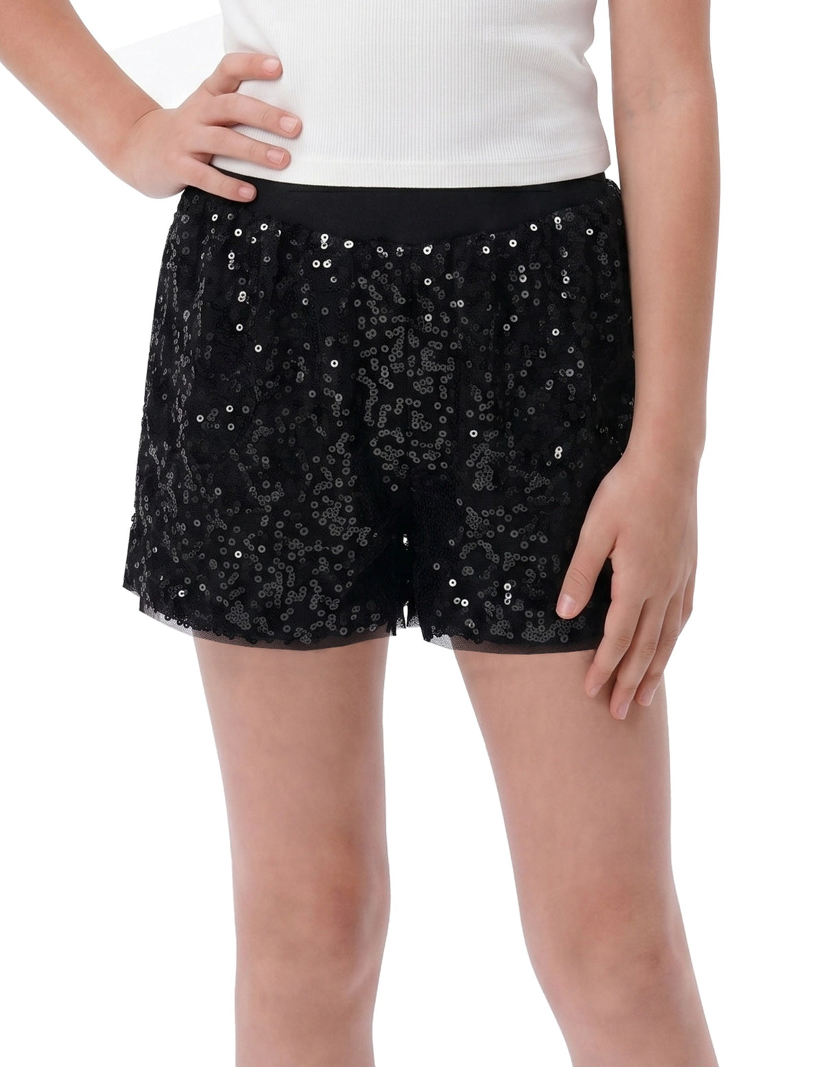Girl Shorts Silver Sparkle Sequin Mid Waist Elastic Show Dance Party Black Sequin