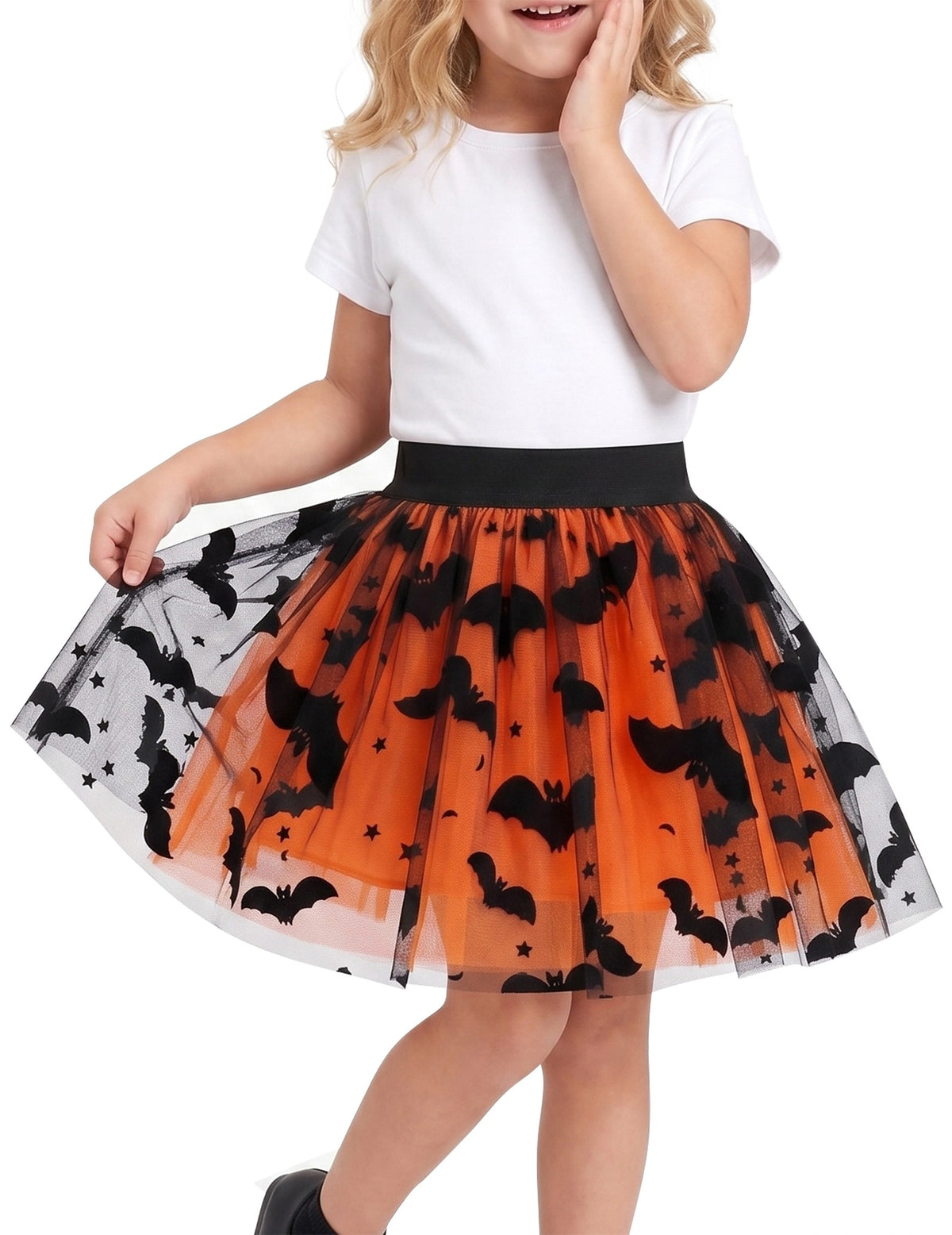 Girls Skirt Blue Heart Sequins Sparkling Tutu Dancing Orange Bat Print
