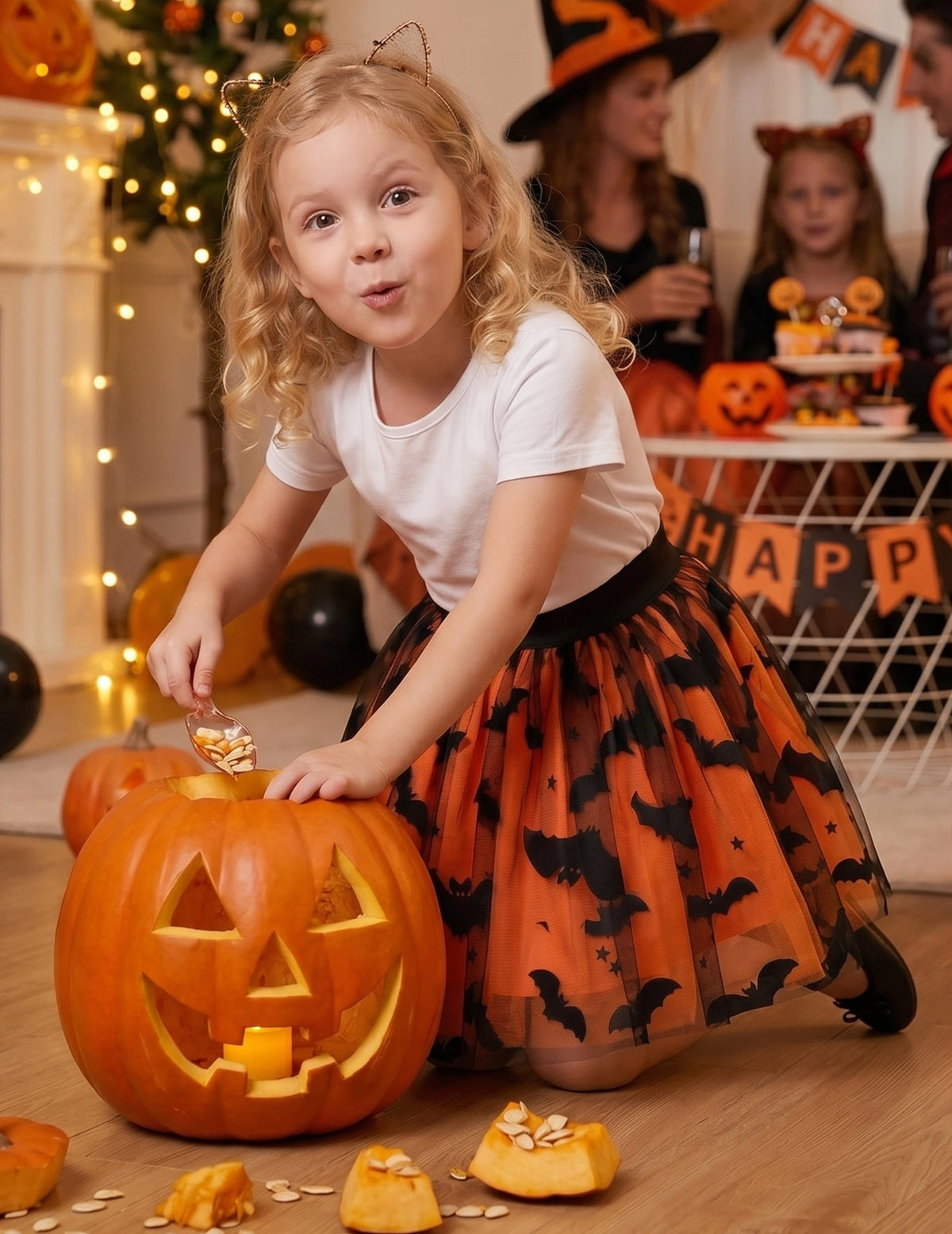 Girls Skirt Blue Heart Sequins Sparkling Tutu Dancing Orange Bat Print