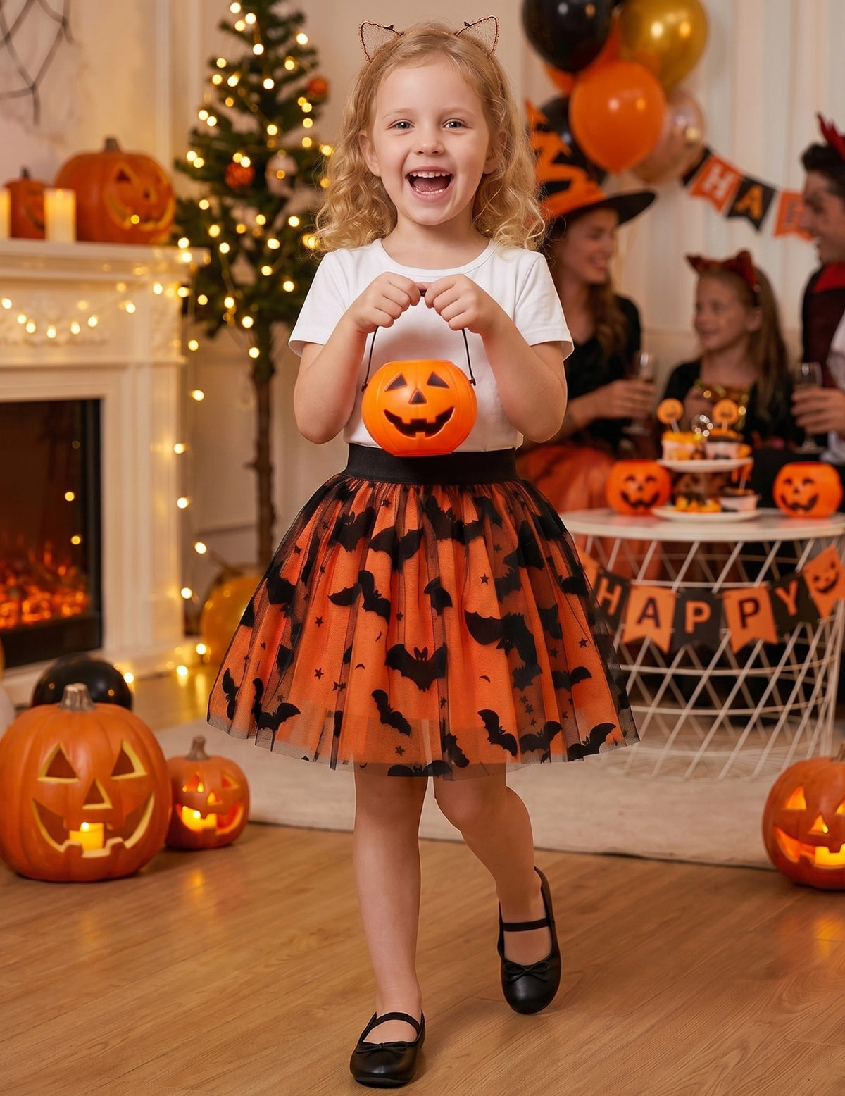 Girls Skirt Blue Heart Sequins Sparkling Tutu Dancing Orange Bat Print