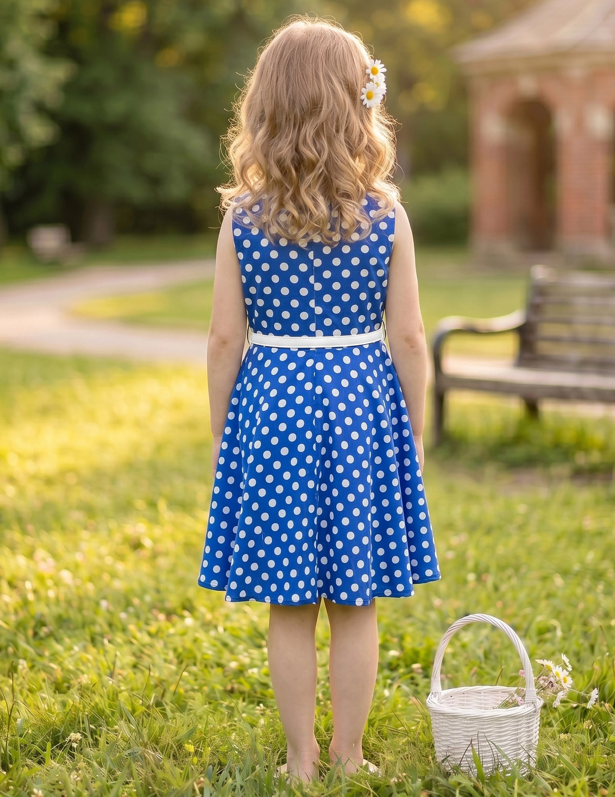 Girls Dress Polka Dot Butterfly Belt Asymmetrical Playful - Blue Polka Dot