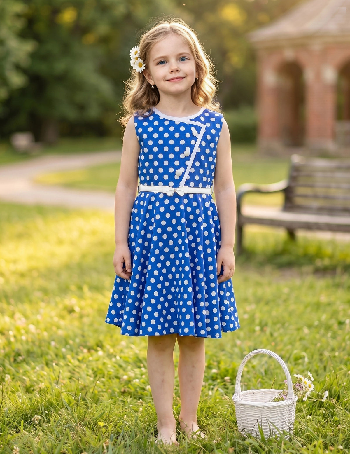 Girls Dress Polka Dot Butterfly Belt Asymmetrical Playful - Blue Polka Dot