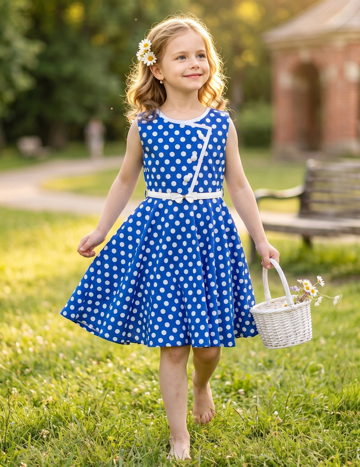 Girls Dress Polka Dot Butterfly Belt Asymmetrical Playful - Blue Polka Dot
