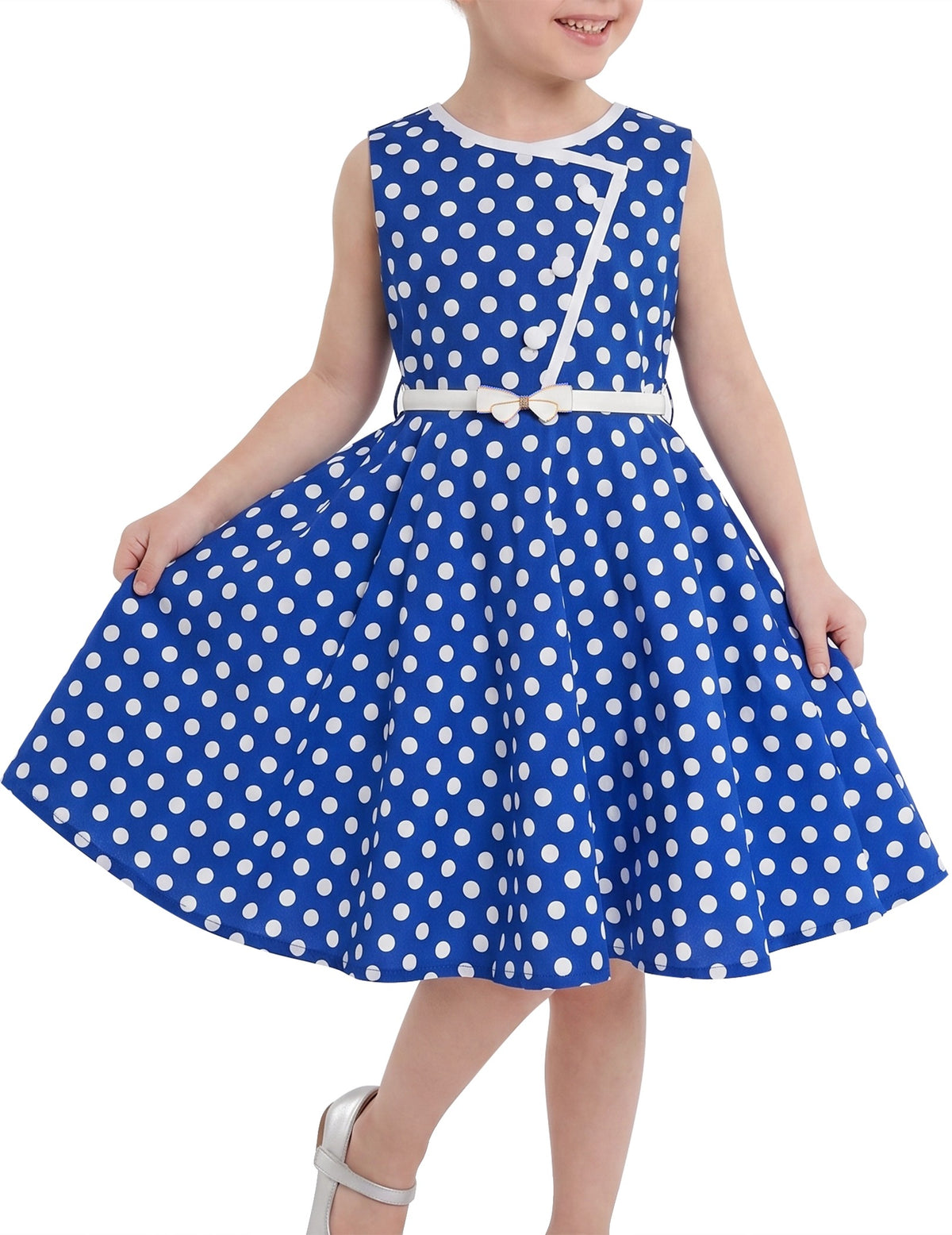 Girls Dress Polka Dot Butterfly Belt Asymmetrical Playful - Blue Polka Dot
