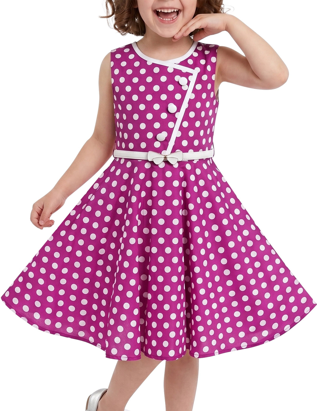 Girls Dress Polka Dot Butterfly Belt Asymmetrical Playful - Purple Polka Dot