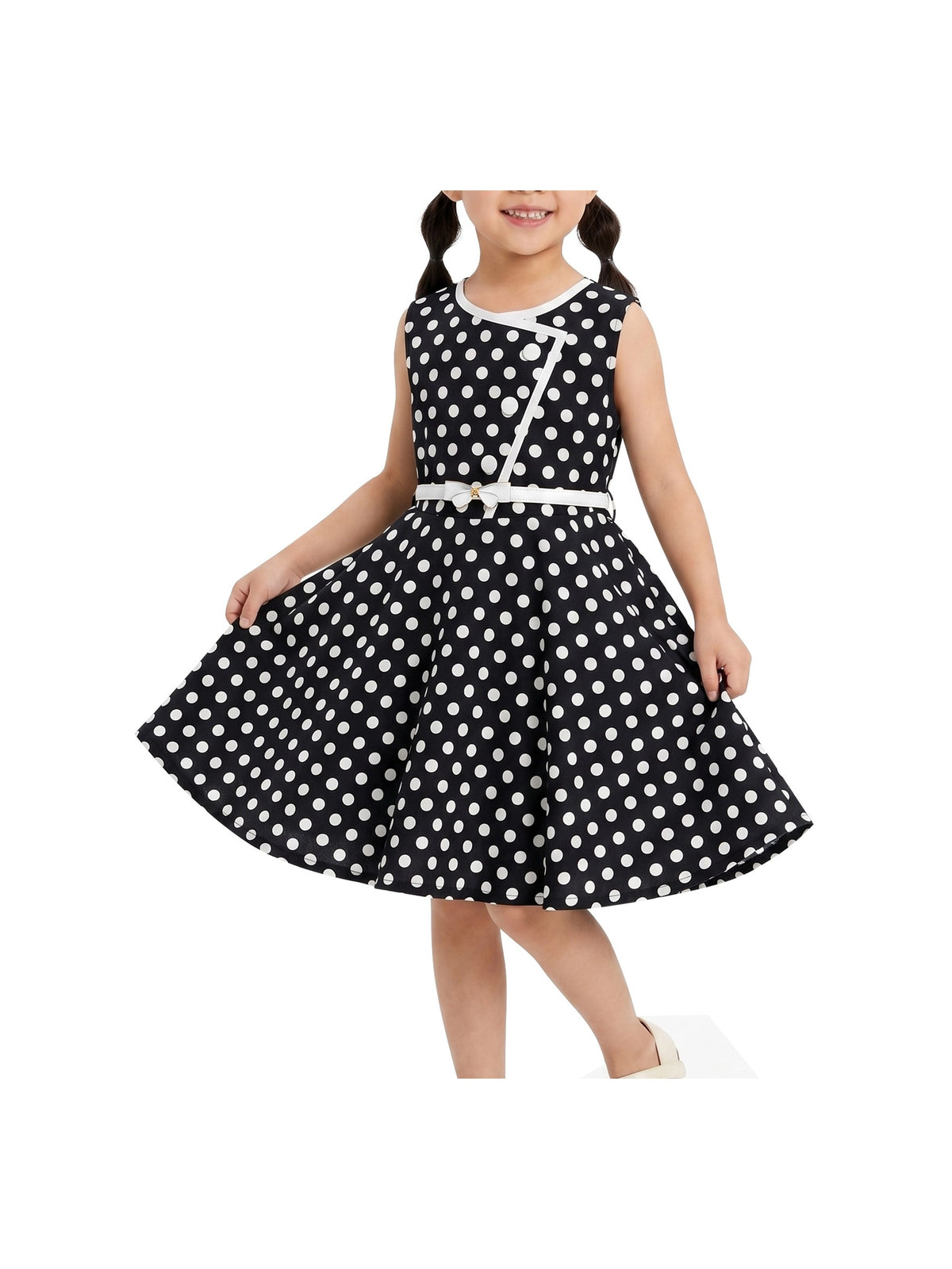 Girls Dress Polka Dot Butterfly Belt Asymmetrical Playful - Black Polka Dot