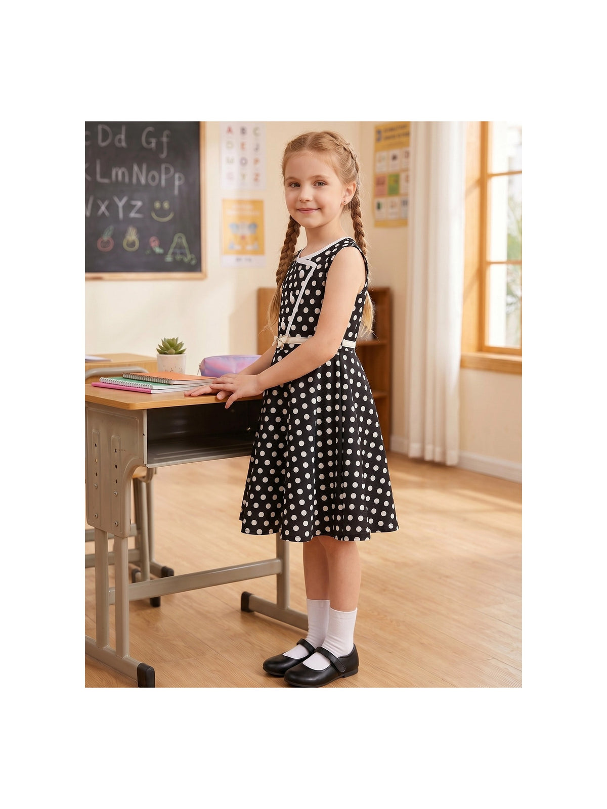 Girls Dress Polka Dot Butterfly Belt Asymmetrical Playful - Black Polka Dot
