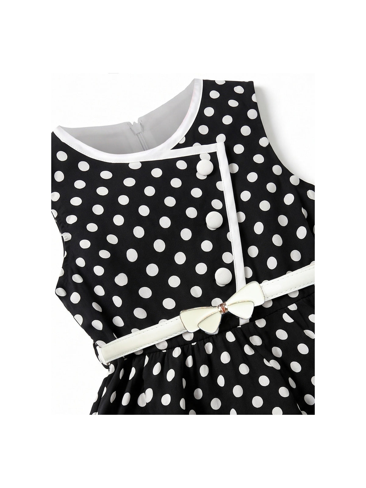 Girls Dress Polka Dot Butterfly Belt Asymmetrical Playful - Black Polka Dot