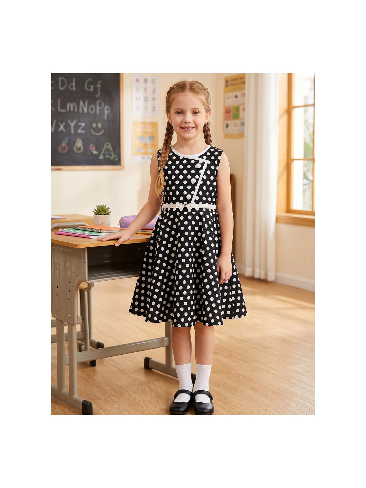Girls Dress Polka Dot Butterfly Belt Asymmetrical Playful - Black Polka Dot