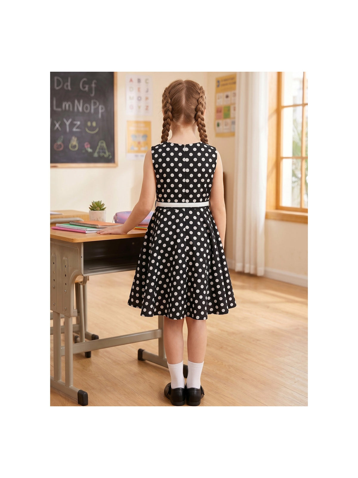 Girls Dress Polka Dot Butterfly Belt Asymmetrical Playful - Black Polka Dot