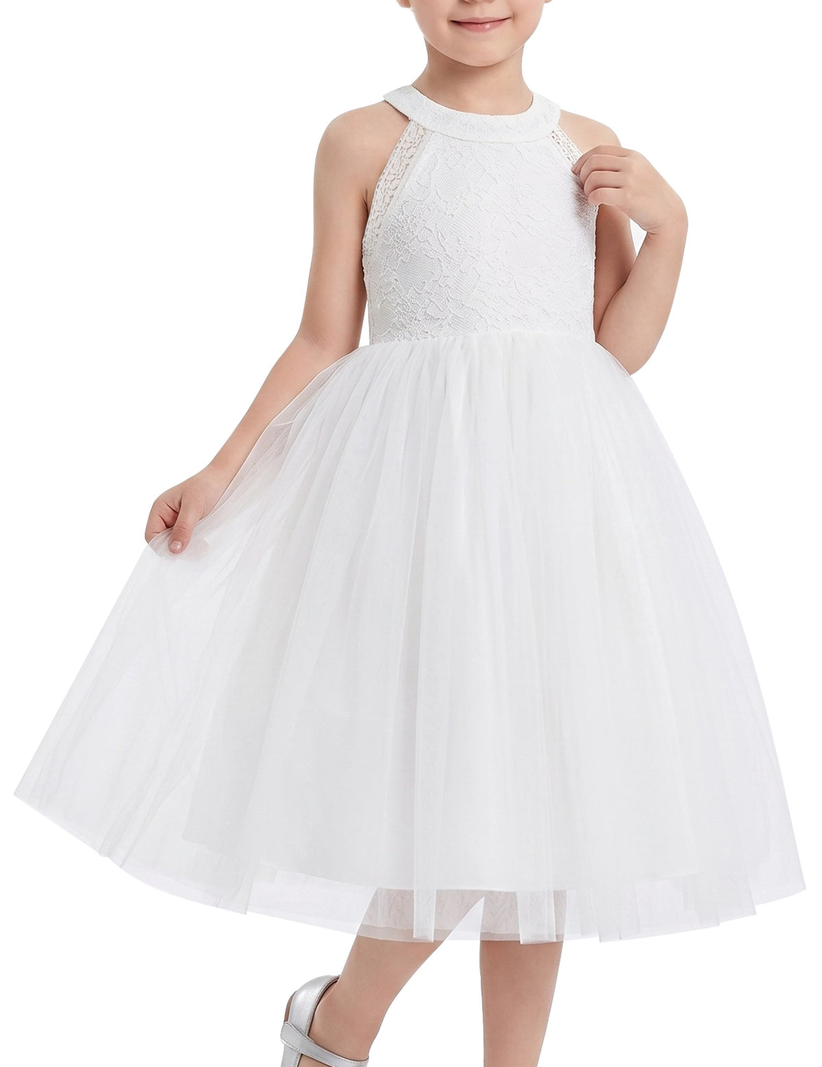 Girls Dress Pink Flower Lace Halter Princess Wedding Bridesmaid Tulle White Lace