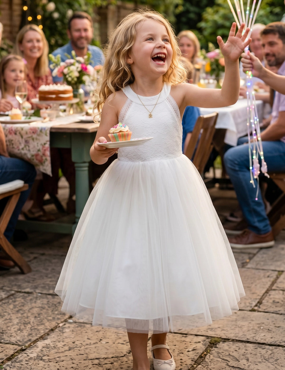 Girls Dress Pink Flower Lace Halter Princess Wedding Bridesmaid Tulle White Lace