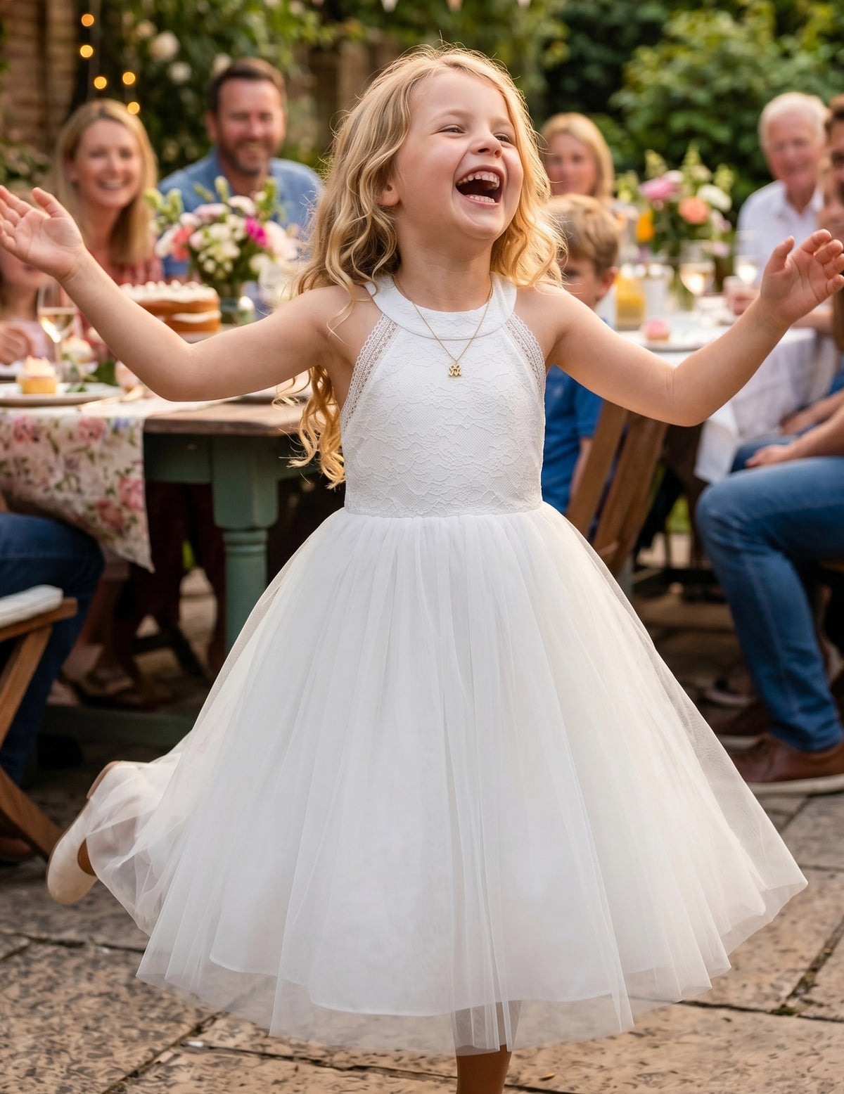 Girls Dress Pink Flower Lace Halter Princess Wedding Bridesmaid Tulle White Lace