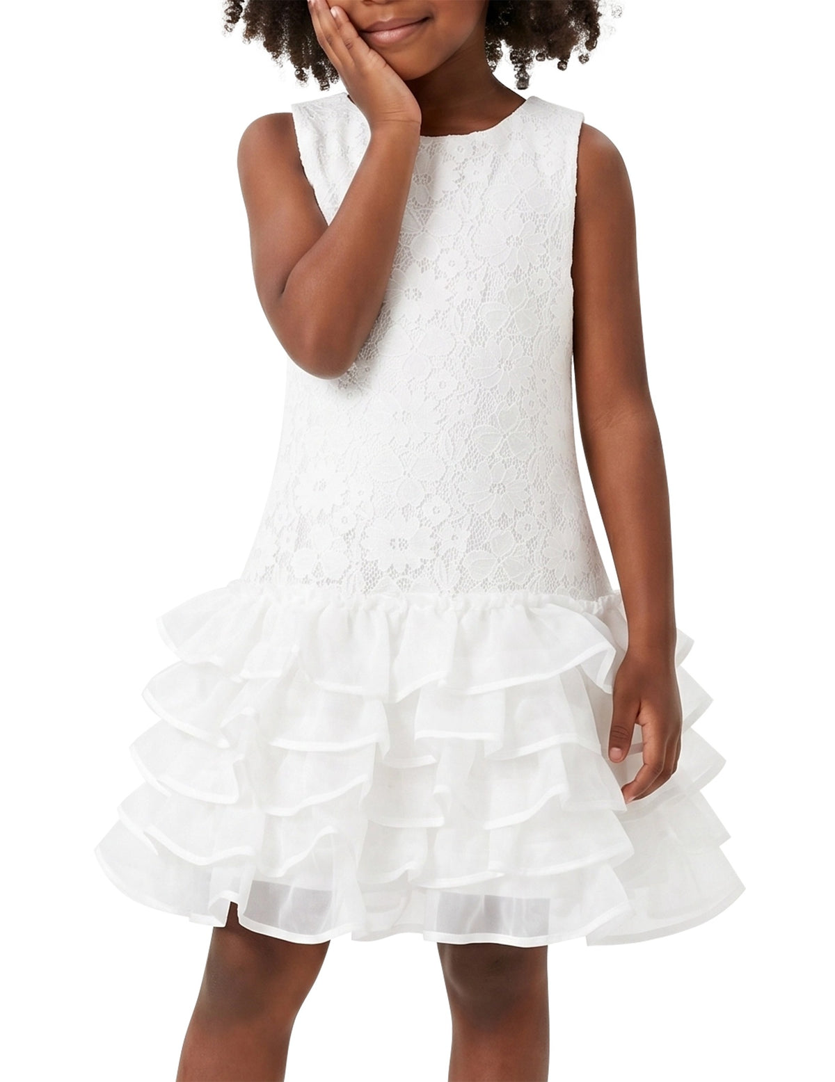 Girls Dress Beige Lace A-Line with Tiered Ruffle Hem Sleeveless Round Neck Party Wedding White Lace Ruffle
