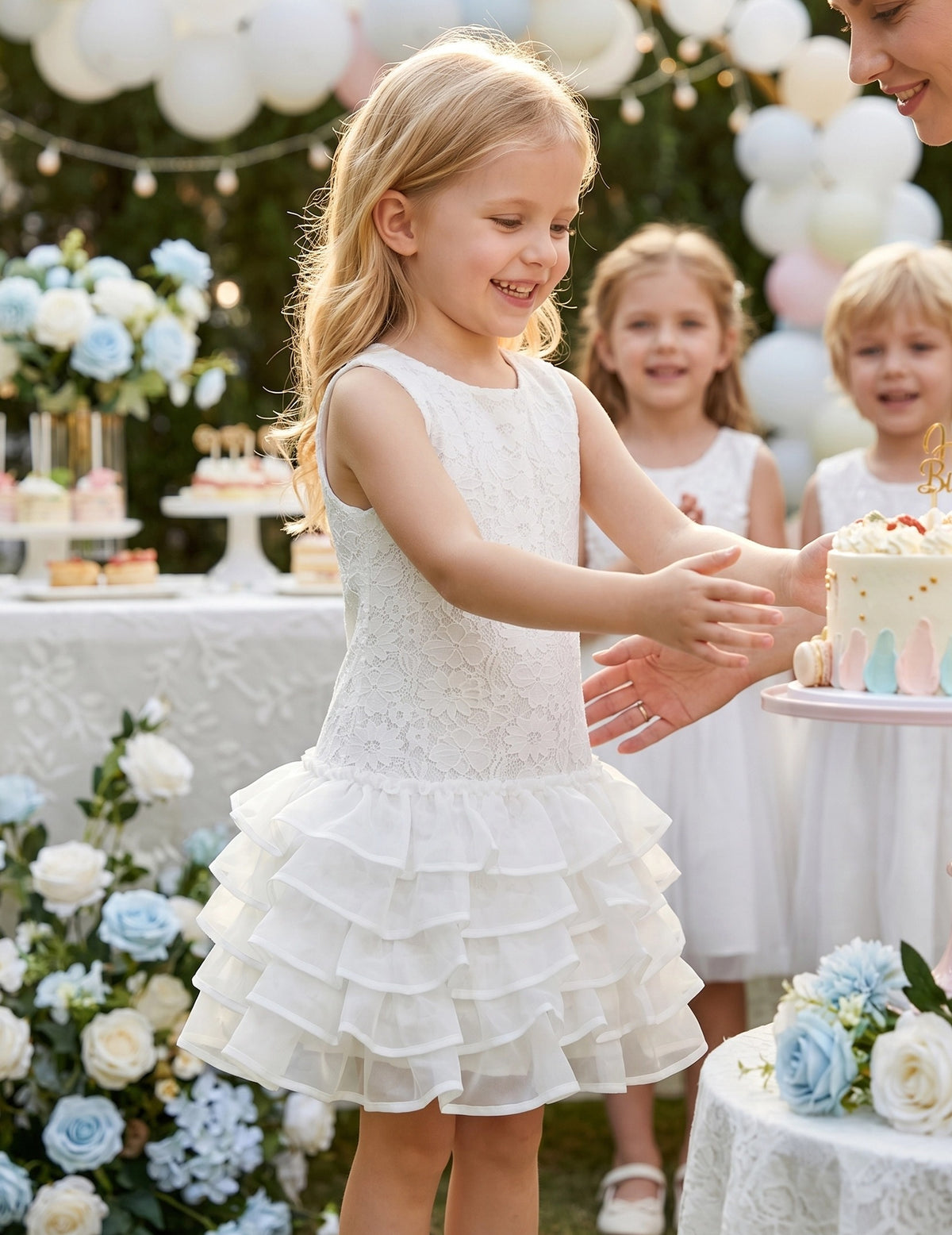 Girls Dress Beige Lace A-Line with Tiered Ruffle Hem Sleeveless Round Neck Party Wedding White Lace Ruffle