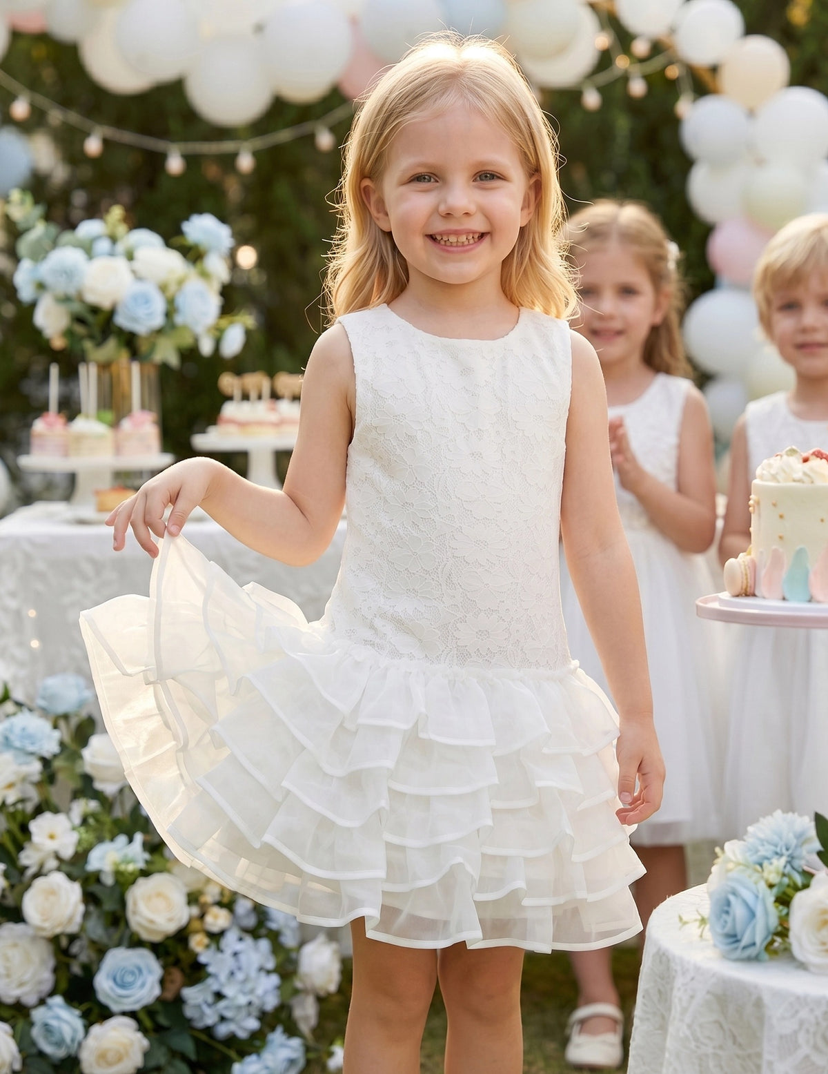 Girls Dress Beige Lace A-Line with Tiered Ruffle Hem Sleeveless Round Neck Party Wedding White Lace Ruffle