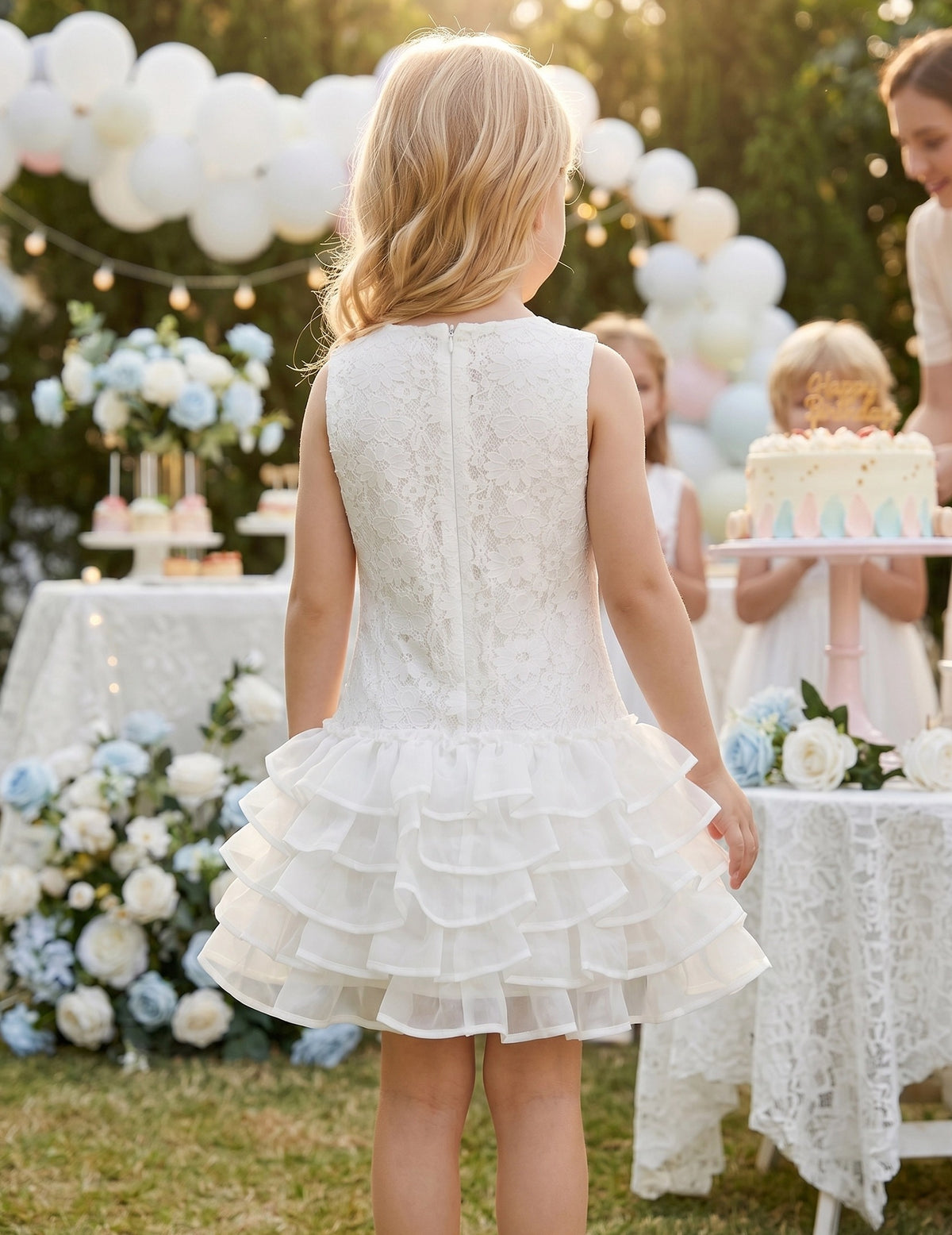 Girls Dress Beige Lace A-Line with Tiered Ruffle Hem Sleeveless Round Neck Party Wedding White Lace Ruffle