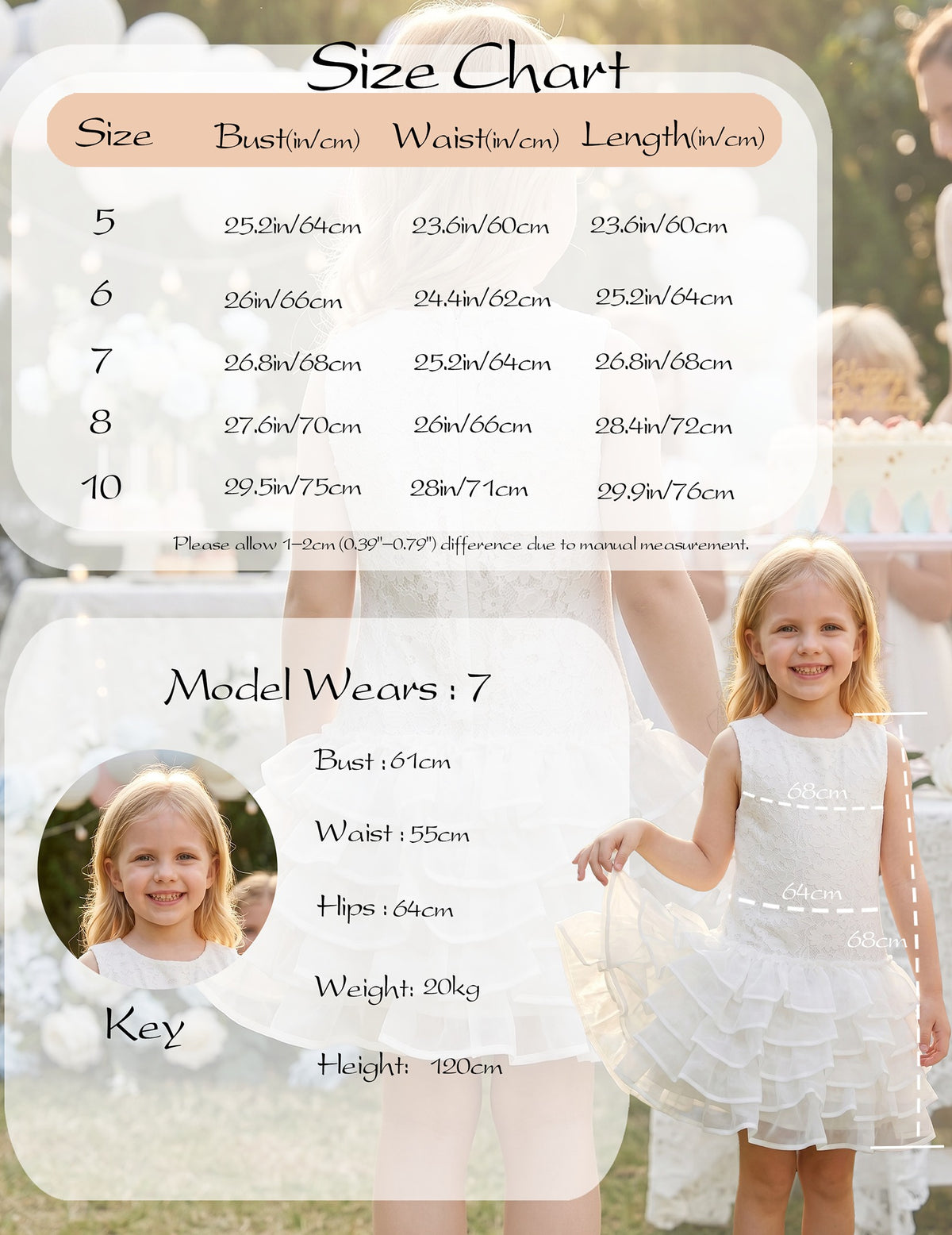 Girls Dress Beige Lace A-Line with Tiered Ruffle Hem Sleeveless Round Neck Party Wedding White Lace Ruffle