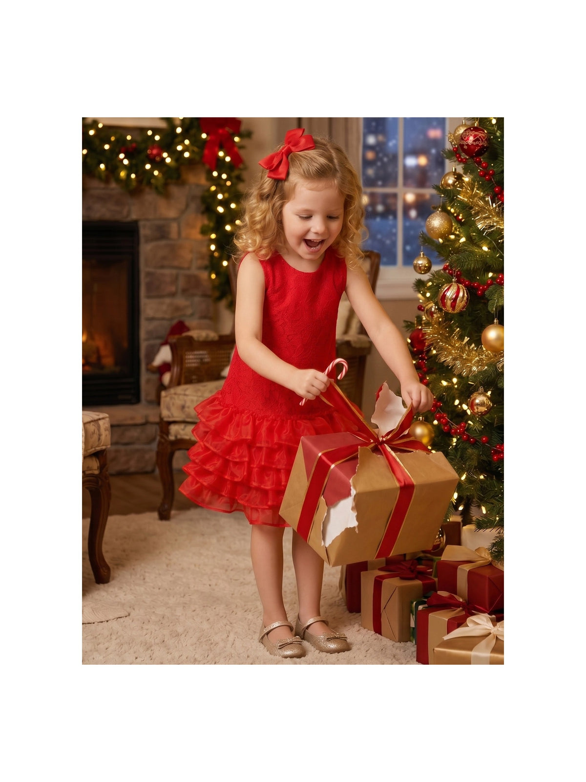Girls Dress Beige Lace A-Line with Tiered Ruffle Hem Sleeveless Round Neck Party Wedding - Red Lace