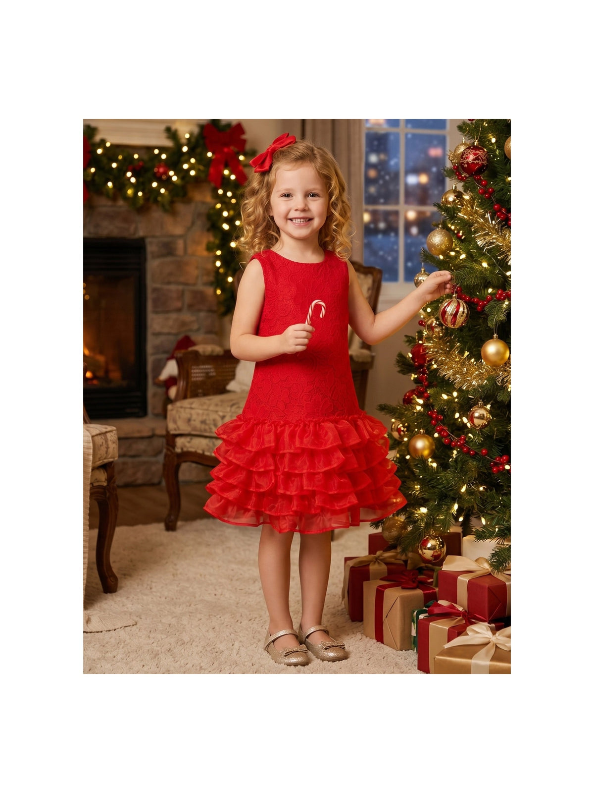 Girls Dress Beige Lace A-Line with Tiered Ruffle Hem Sleeveless Round Neck Party Wedding - Red Lace