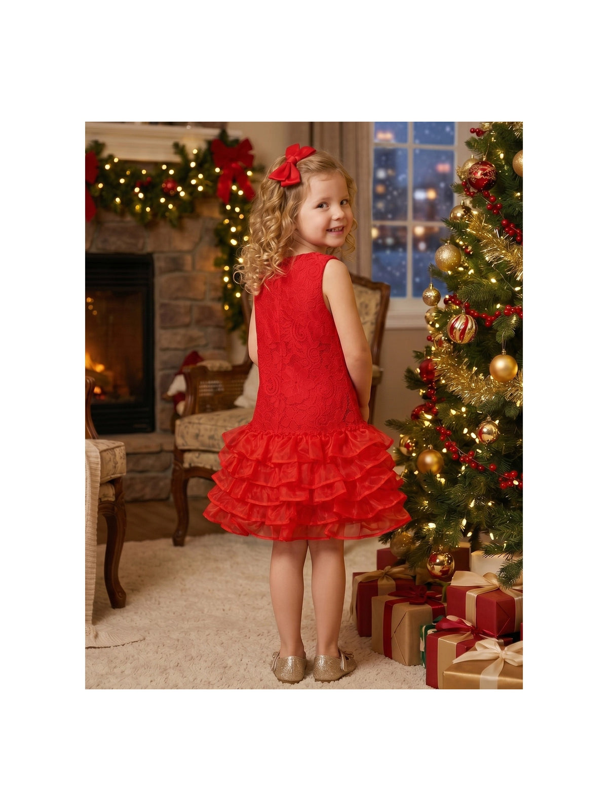 Girls Dress Beige Lace A-Line with Tiered Ruffle Hem Sleeveless Round Neck Party Wedding - Red Lace