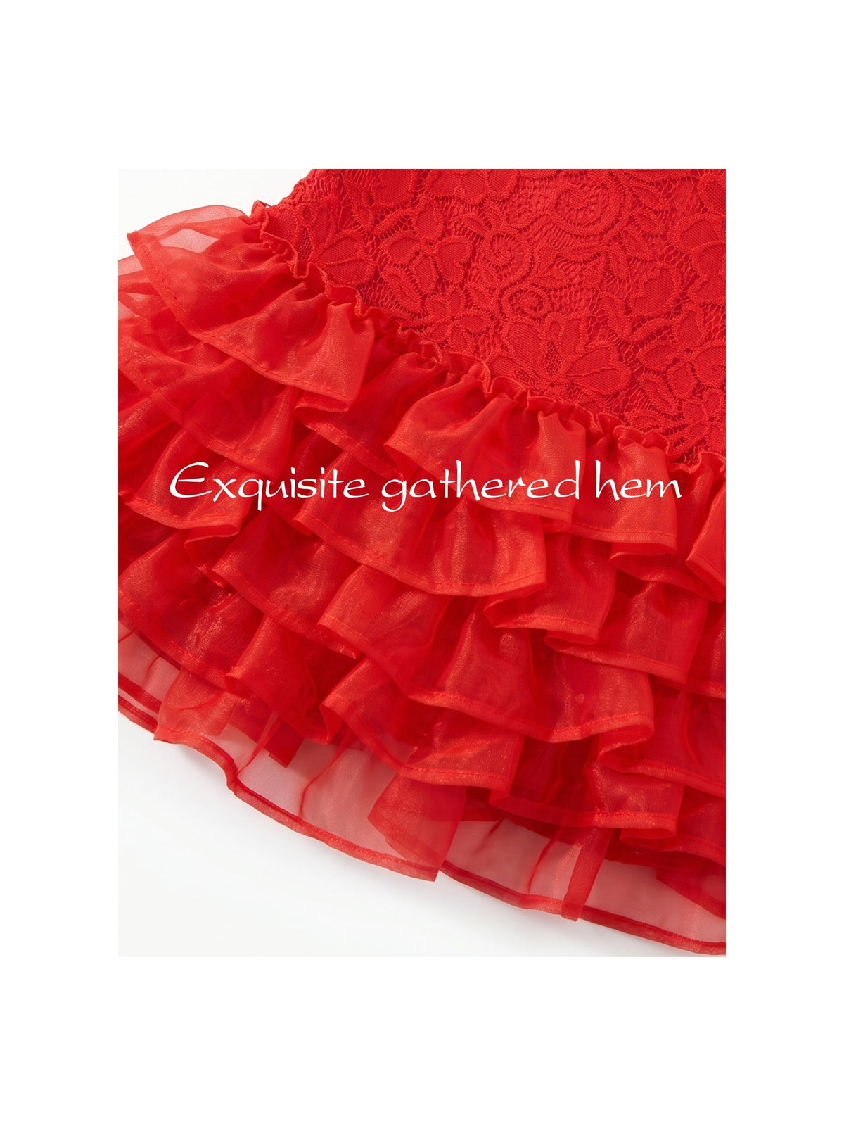 Girls Dress Beige Lace A-Line with Tiered Ruffle Hem Sleeveless Round Neck Party Wedding - Red Lace
