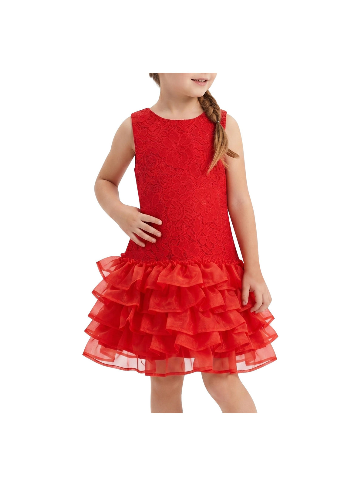 Girls Dress Beige Lace A-Line with Tiered Ruffle Hem Sleeveless Round Neck Party Wedding - Red Lace