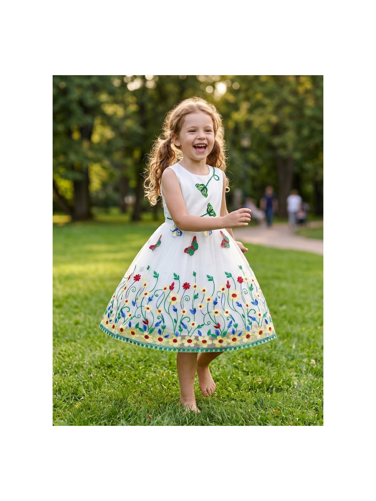 Girls Dress White Butterfly Embroidered Sleeveless Garden Party Wedding Spring Summer Dress White Embroidered Butterfly