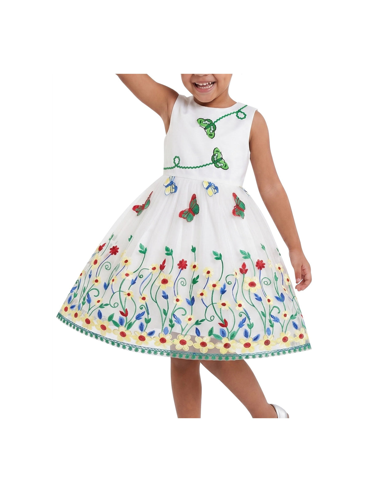 Girls Dress White Butterfly Embroidered Sleeveless Garden Party Wedding Spring Summer Dress White Embroidered Butterfly