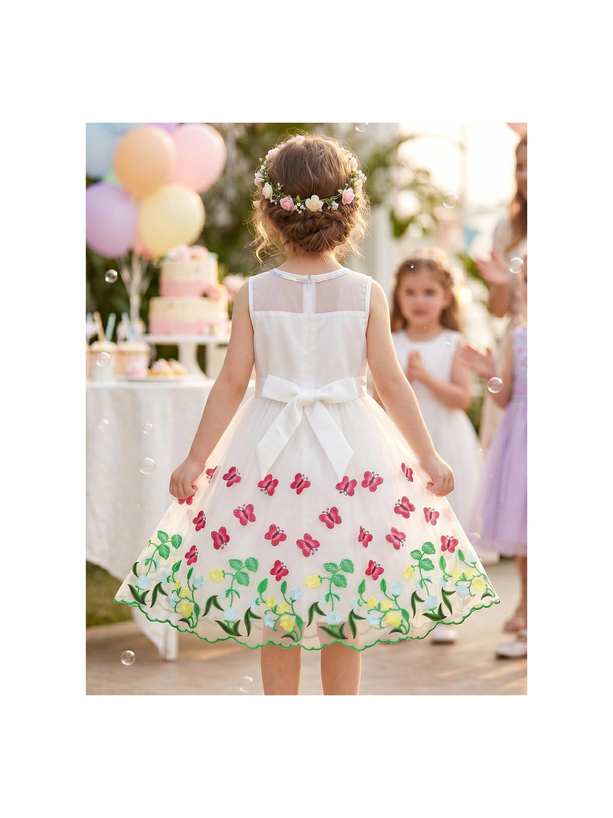 Girls Dress White Butterfly Embroidered Sleeveless Garden Party Wedding Spring Summer Dress White Butterfly