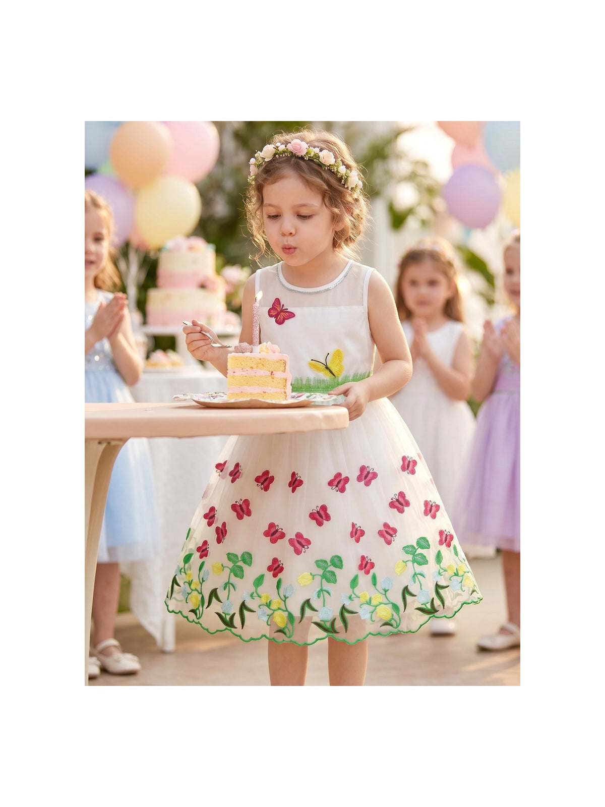 Girls Dress White Butterfly Embroidered Sleeveless Garden Party Wedding Spring Summer Dress White Butterfly