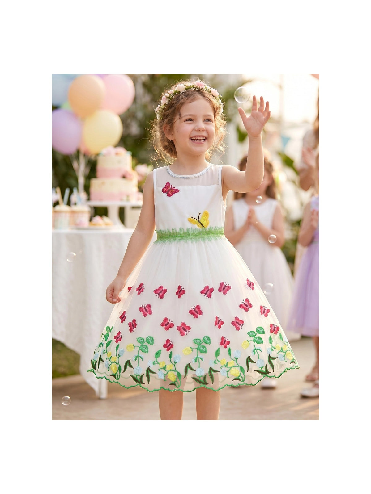 Girls Dress White Butterfly Embroidered Sleeveless Garden Party Wedding Spring Summer Dress White Butterfly