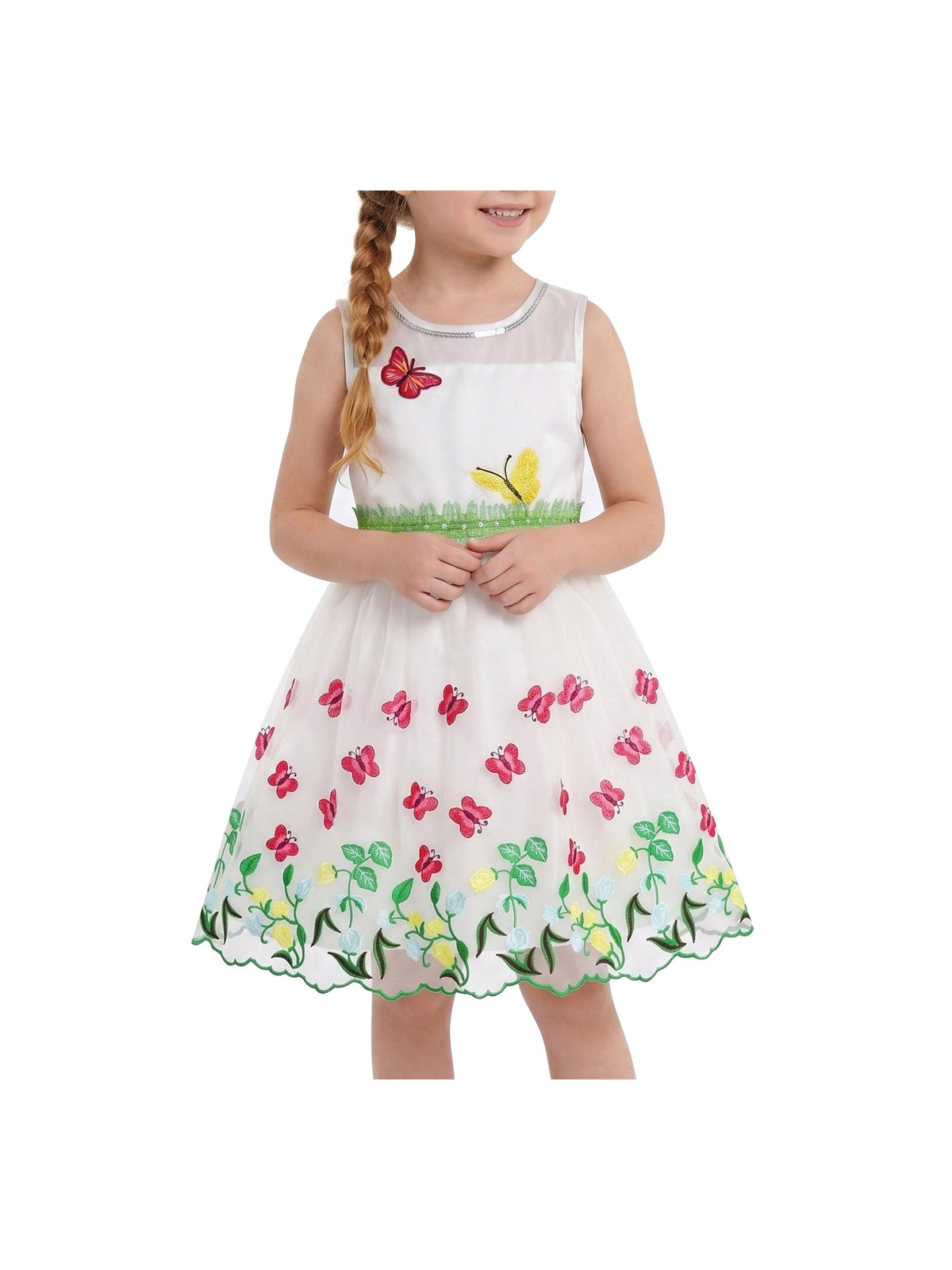 Girls Dress White Butterfly Embroidered Sleeveless Garden Party Wedding Spring Summer Dress White Butterfly