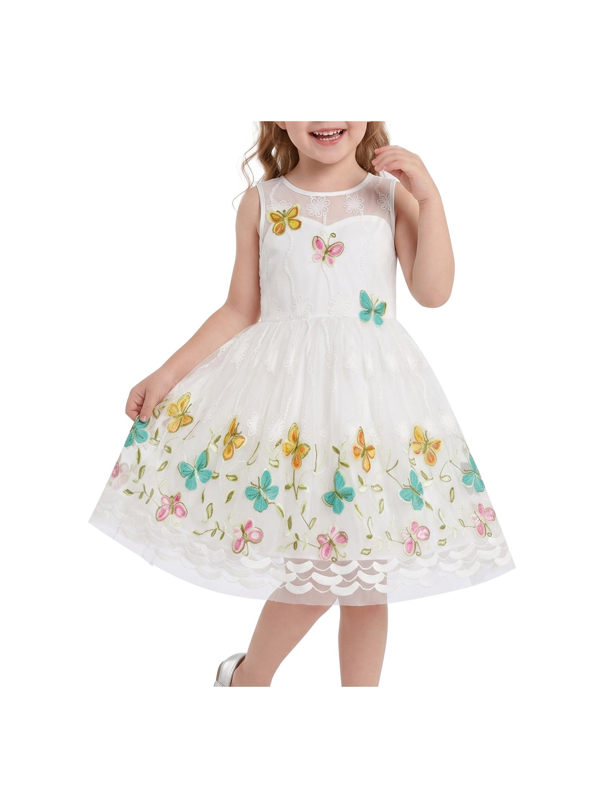 Girls Dress White Butterfly Embroidered Sleeveless Garden Party Wedding Spring Summer Dress White Colorful Butterfly
