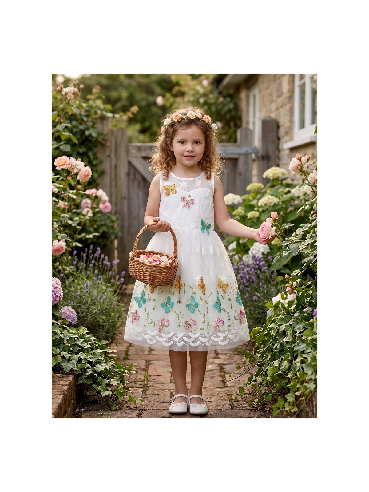 Girls Dress White Butterfly Embroidered Sleeveless Garden Party Wedding Spring Summer Dress White Colorful Butterfly