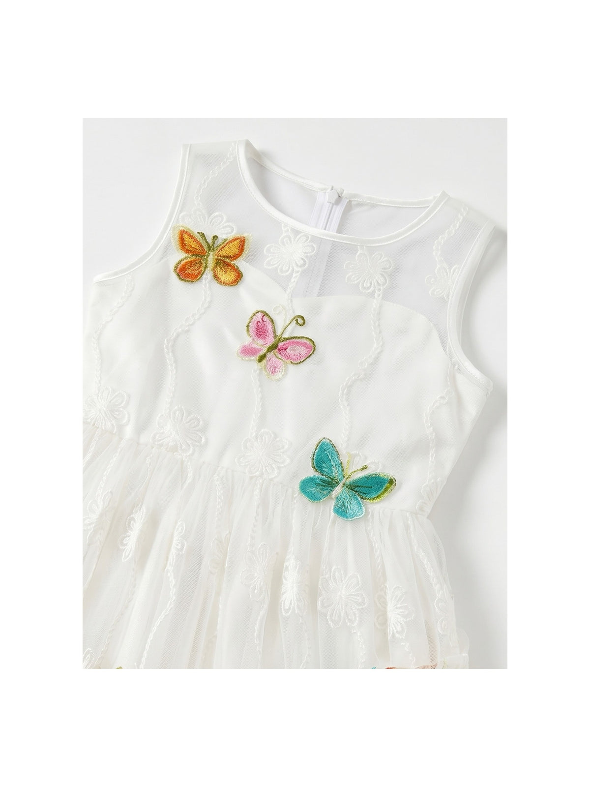 Girls Dress White Butterfly Embroidered Sleeveless Garden Party Wedding Spring Summer Dress White Colorful Butterfly