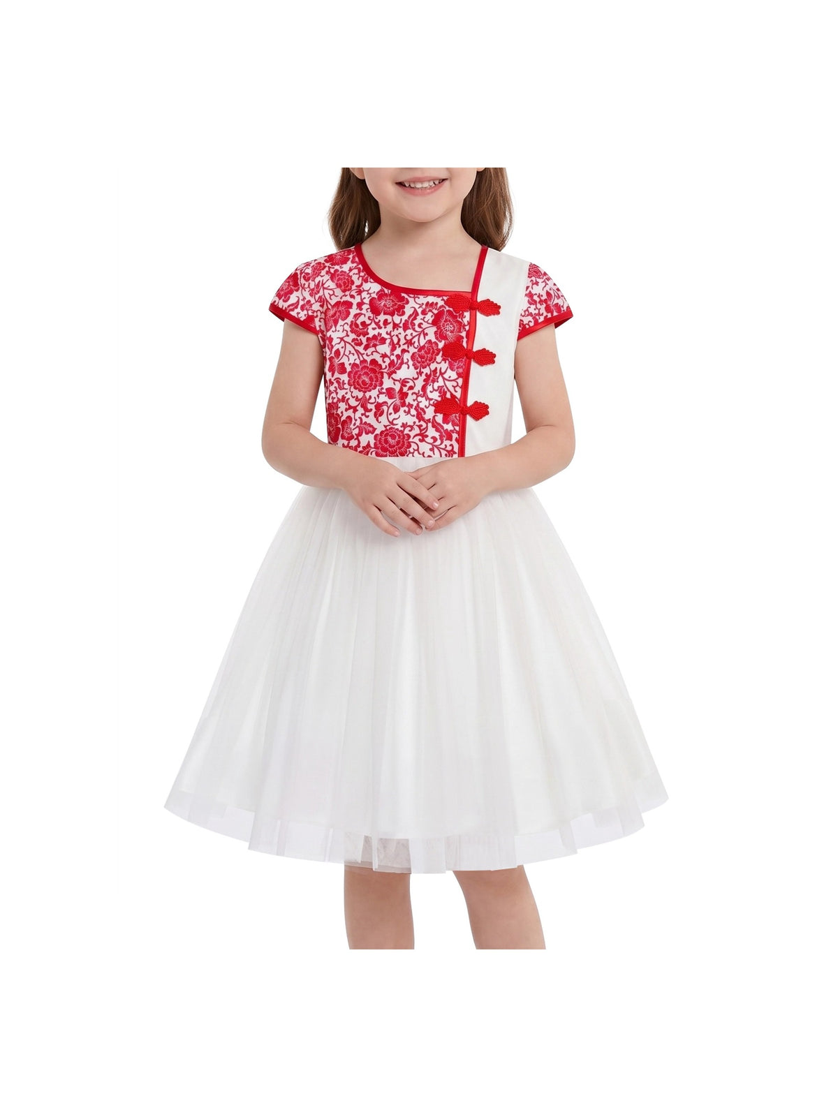 Girls Dress 2-in-1 Red Plaid White Collar Tulle Red Traditional