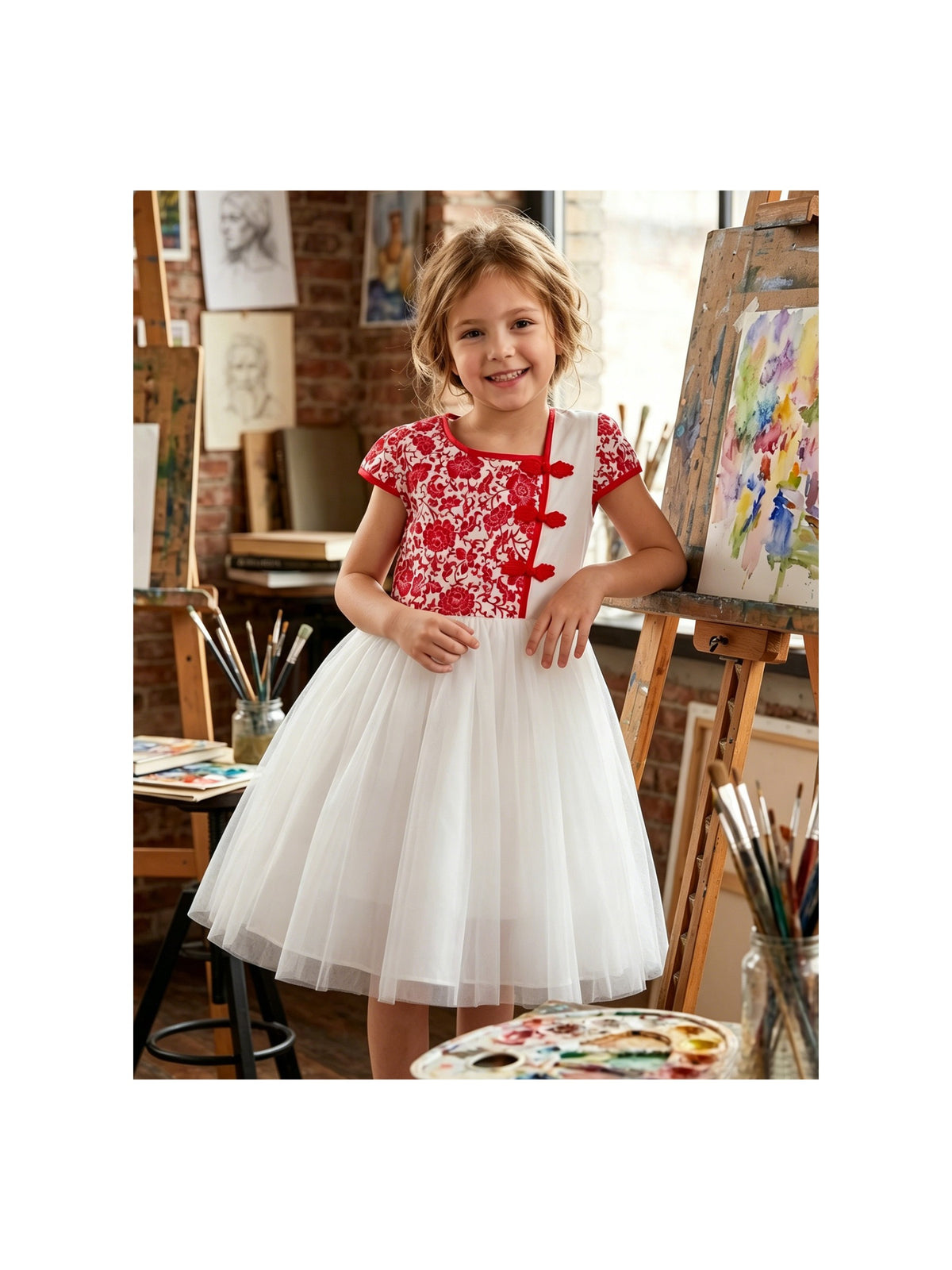 Girls Dress 2-in-1 Red Plaid White Collar Tulle Red Traditional