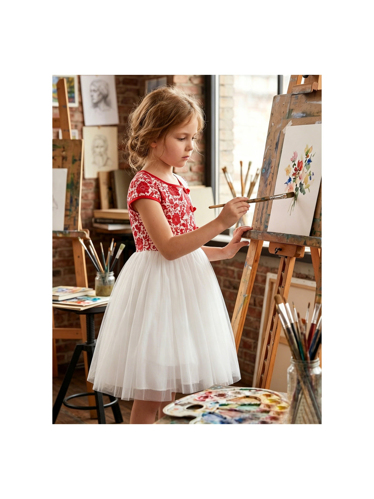 Girls Dress 2-in-1 Red Plaid White Collar Tulle Red Traditional