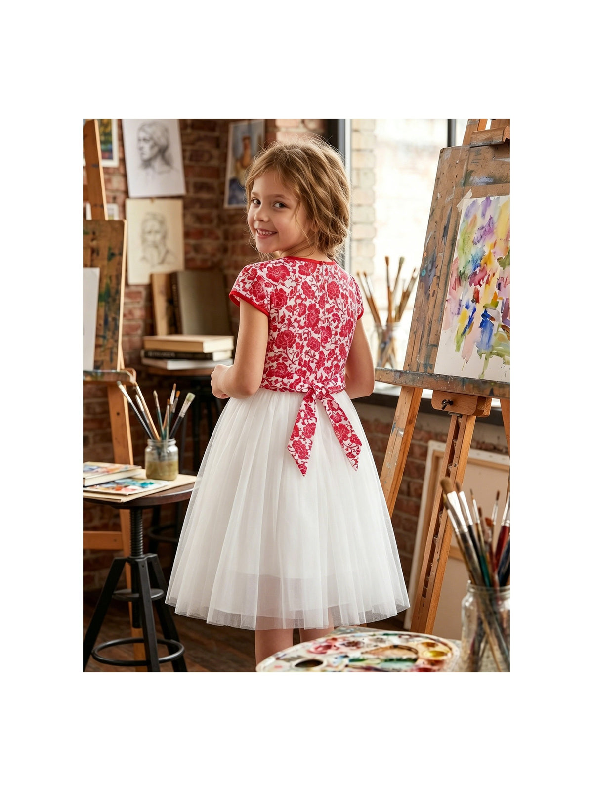 Girls Dress 2-in-1 Red Plaid White Collar Tulle Red Traditional