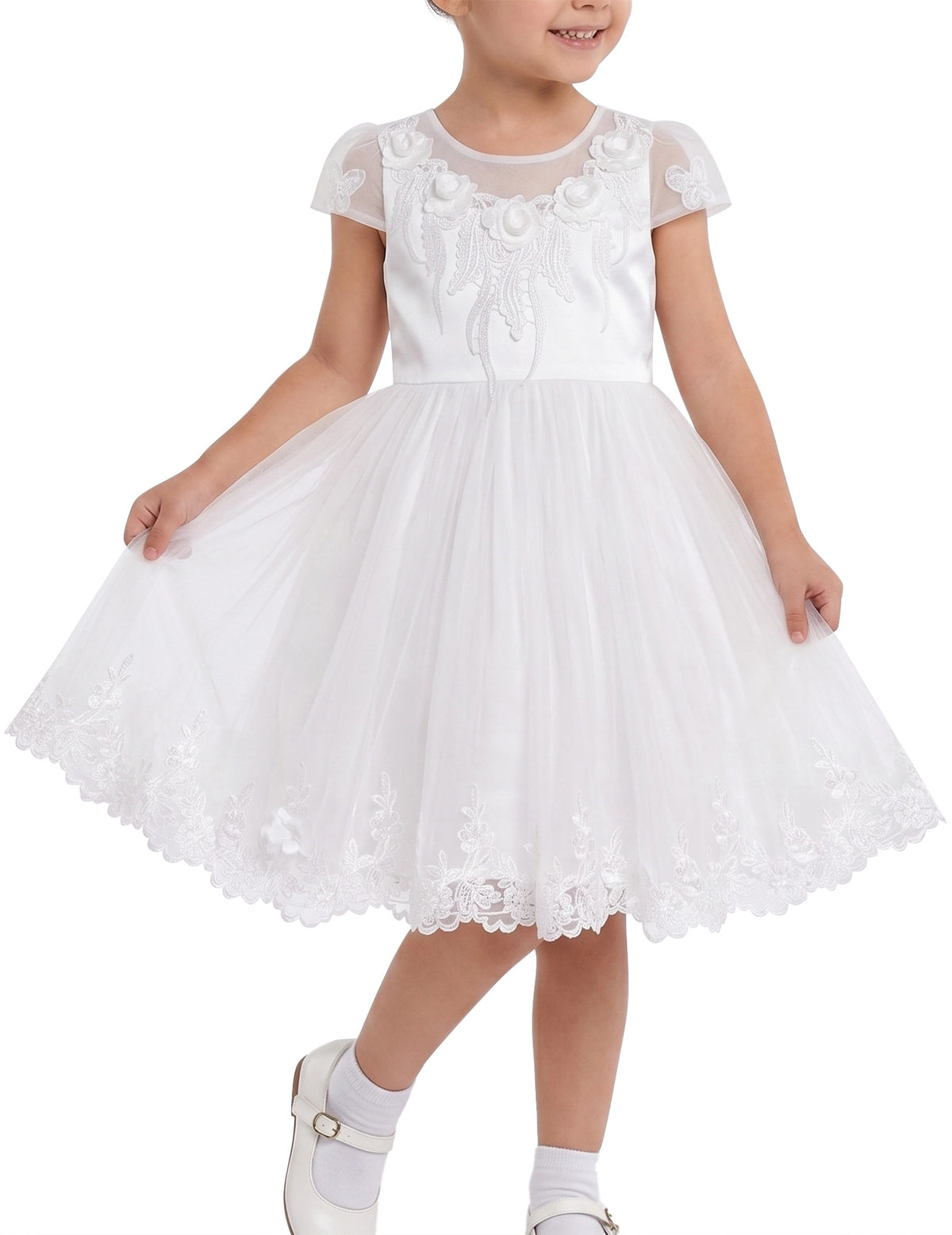 Flower Girl Dresses Sweet Pink Party Bow Tulle Princess Party Lace Cap Sleeve Wedding Easter White 3D Floral