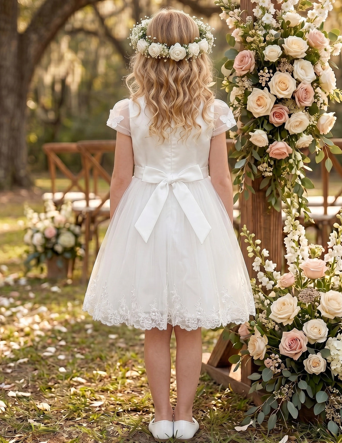 Flower Girl Dresses Sweet Pink Party Bow Tulle Princess Party Lace Cap Sleeve Wedding Easter White 3D Floral